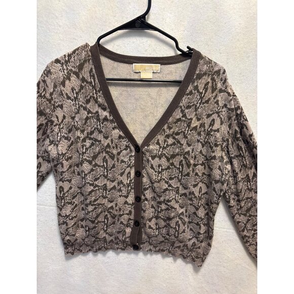 Michael Kors XL Brown Snake Print Cardigan Sweater - Womens Cropped Button-Up V- - Picture 2 of 11